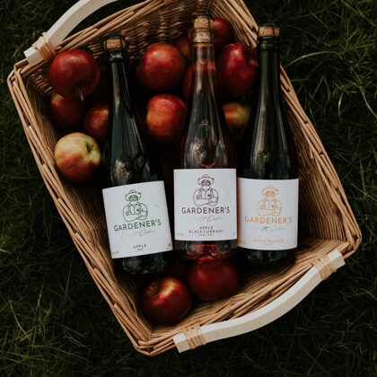 3 bottles of Gardener's cider in a basket of apples